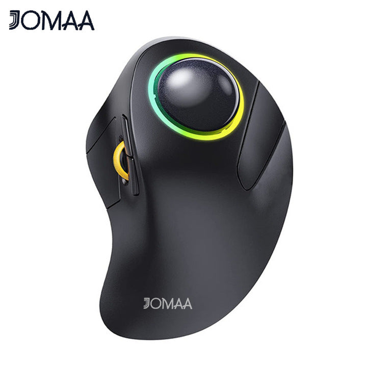 Rollwise – Top-down view of the black trackball mouse with a green and yellow glowing ring and yellow scroll wheel