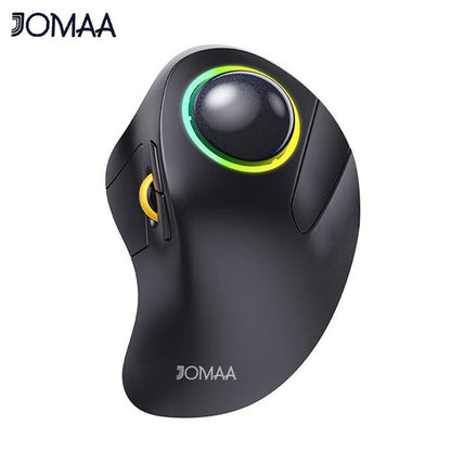Rollwise – Top-down view of the black trackball mouse with a green and yellow glowing ring and yellow scroll wheel