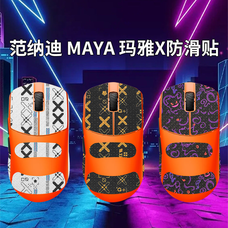 Griplock anti-slip mouse stickers in white, black-gold and black-purple patterns on three orange mice