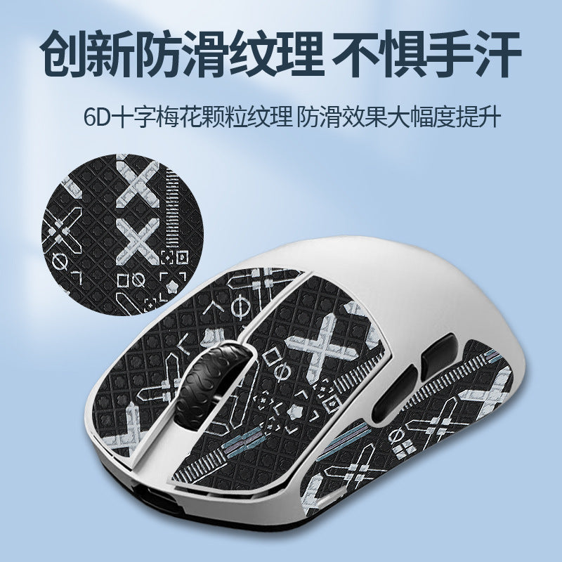 Griplock – Close-up of black grip sticker with white cross patterns, applied to a white gaming mouse