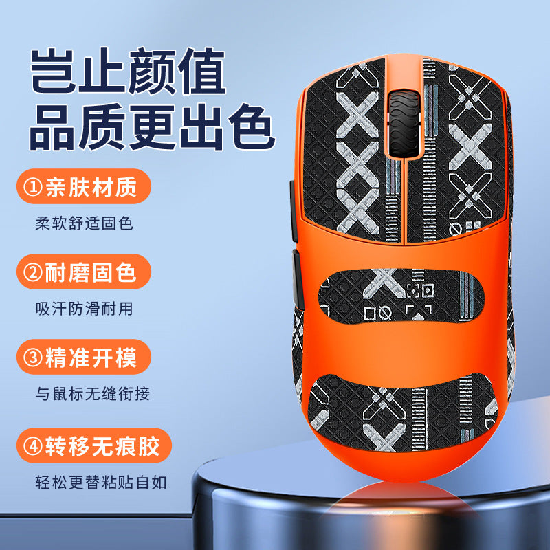 Griplock – Orange mouse with black and white patterned grip stickers on top and sides, beside four feature labels