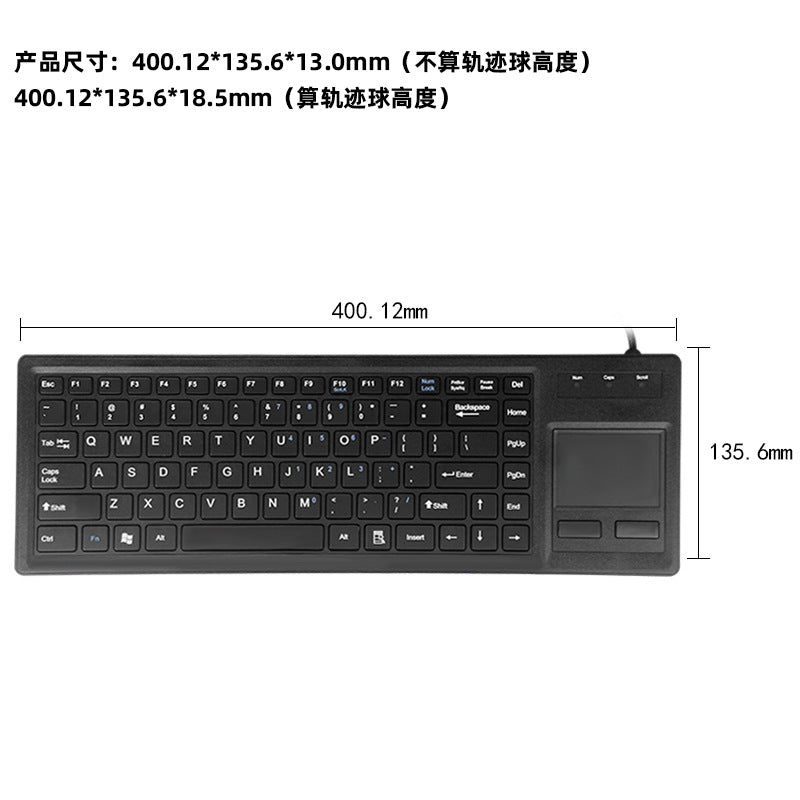 Keytrack – Top view of the black keyboard with width and height dimensions of 400.12 by 135.6 mm marked