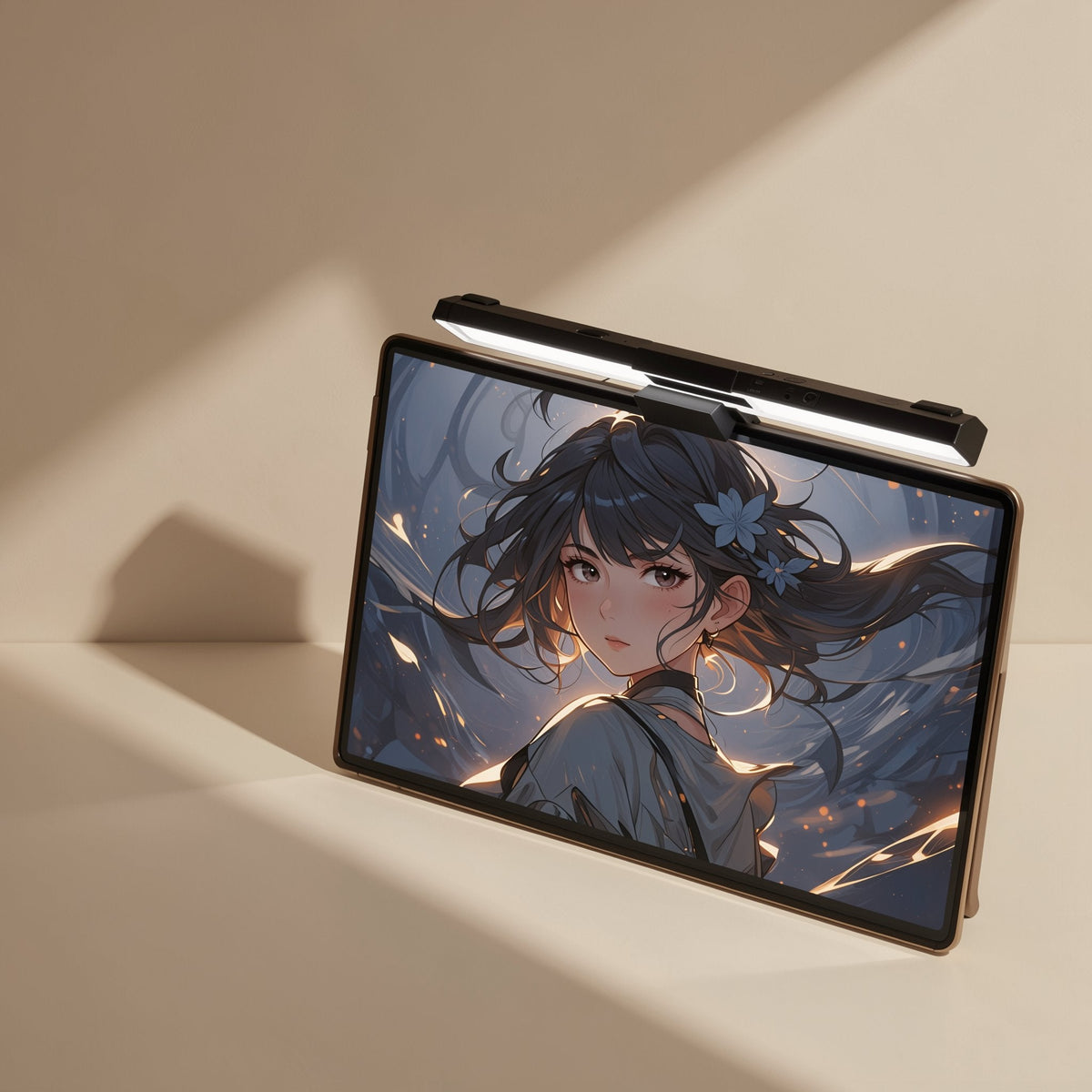 Taplume 5W Touch Screen Lamp mounted on top of a tablet displaying anime artwork, casting soft light