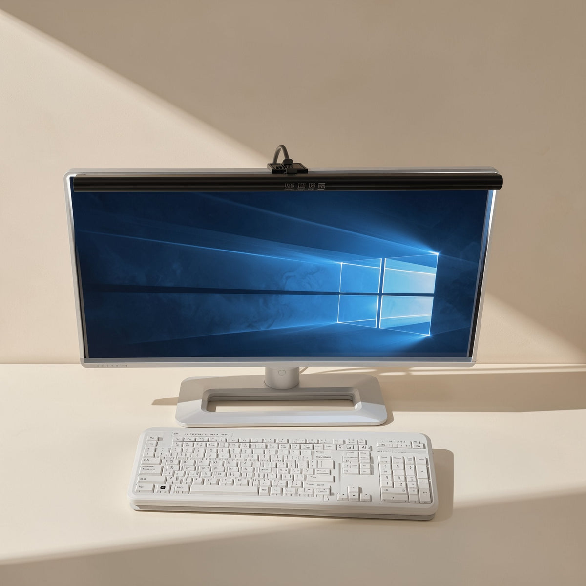 Taplume – Black light bar mounted at the top of a desktop monitor with a Windows wallpaper, beside a white keyboard