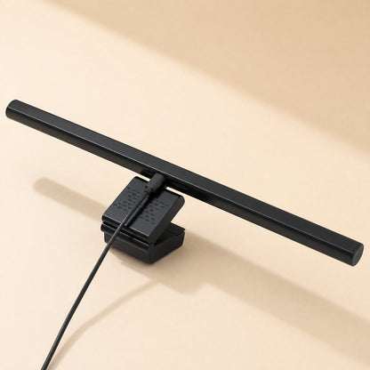 Screenglow – Rear view of the black lamp bar on its clip mount with a USB cable plugged in at the back