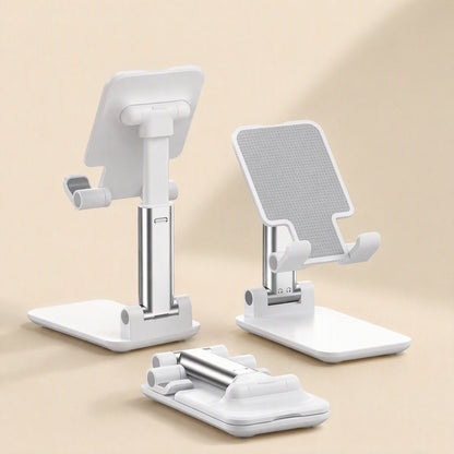 Foldgrip Foldable Plastic Mobile Phone Bracket in white, shown upright from two angles and folded flat