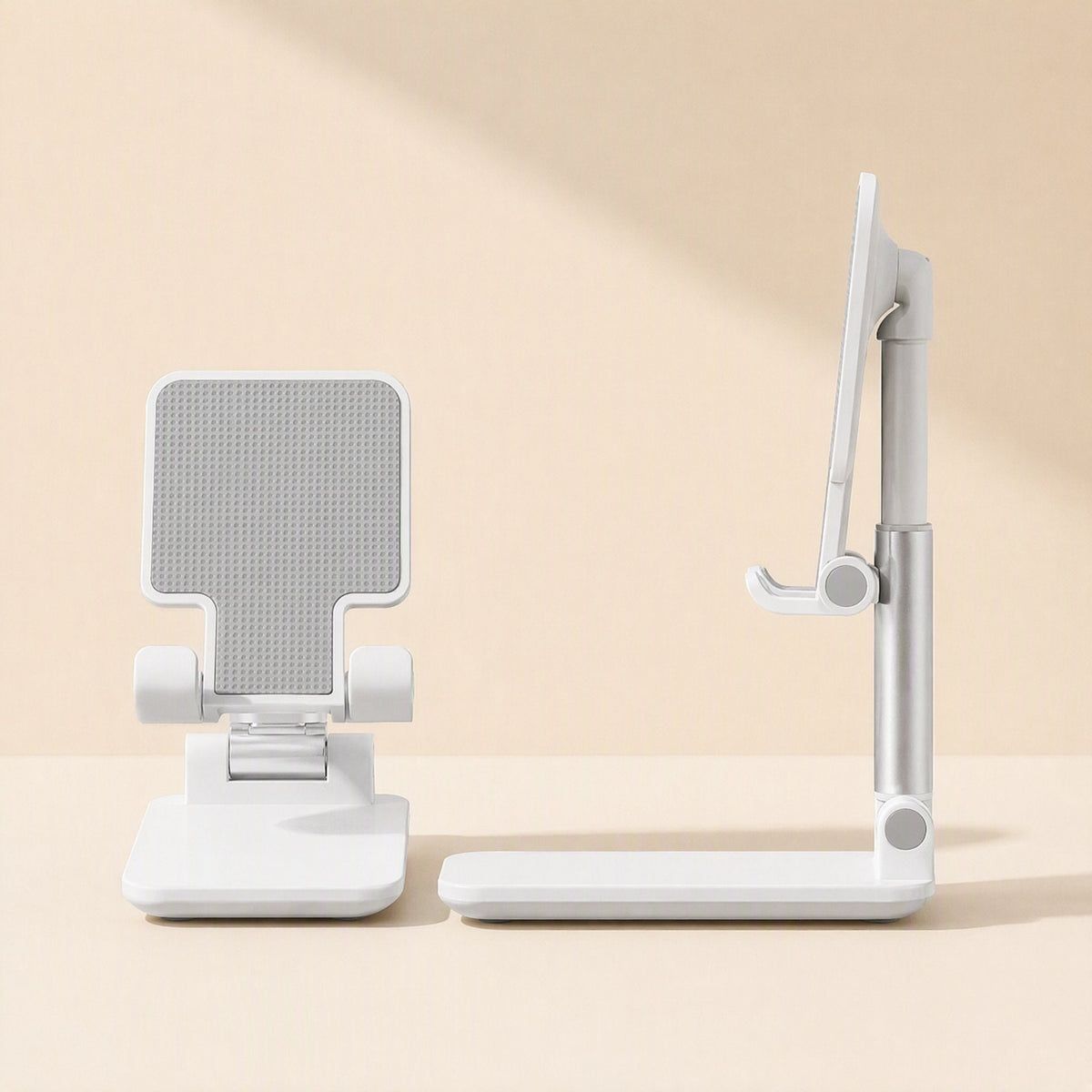 Foldgrip – White foldable phone stand shown from the front and in side profile with the angled arm extended