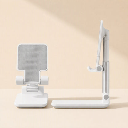 Foldgrip – White foldable phone stand shown from the front and in side profile with the angled arm extended