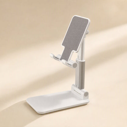 Foldgrip – White phone stand with silver telescopic arm and textured grey backplate, angled three-quarter view
