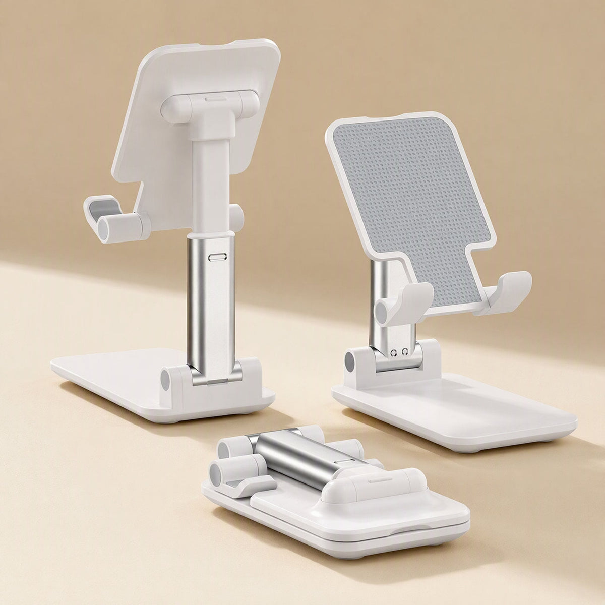 Phonehinge Folding Mobile Phone Bracket in white, shown standing upright beside a second stand folded flat