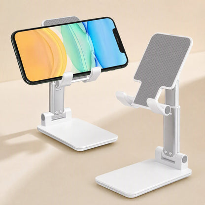 Phonehinge – White folding phone bracket holding a smartphone in landscape, next to a second stand seen from behind