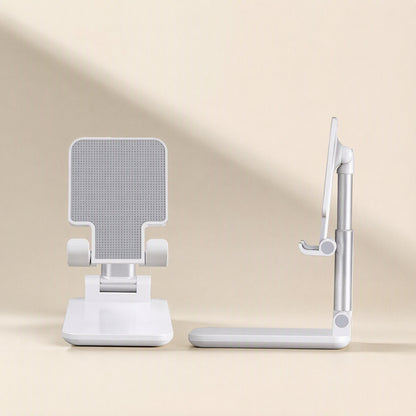 Phonehinge – Front and side views of a white folding phone bracket, showing the grey grip pad and extended arm
