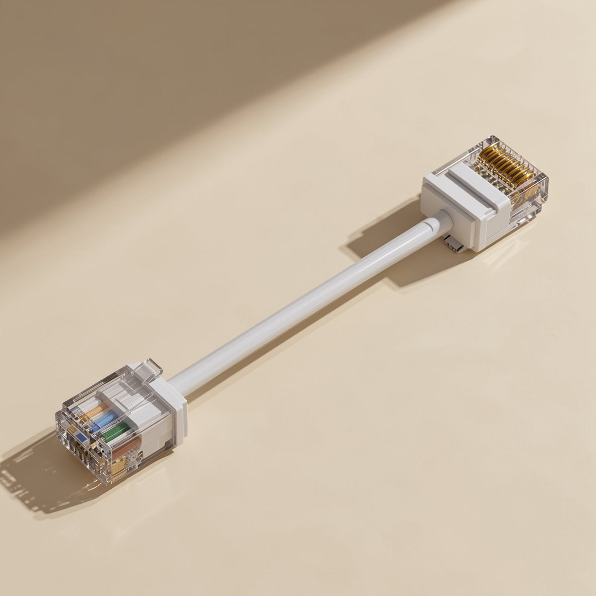 Copperpath – White thin RJ-45 network cable with clear connectors, shown on a cream background