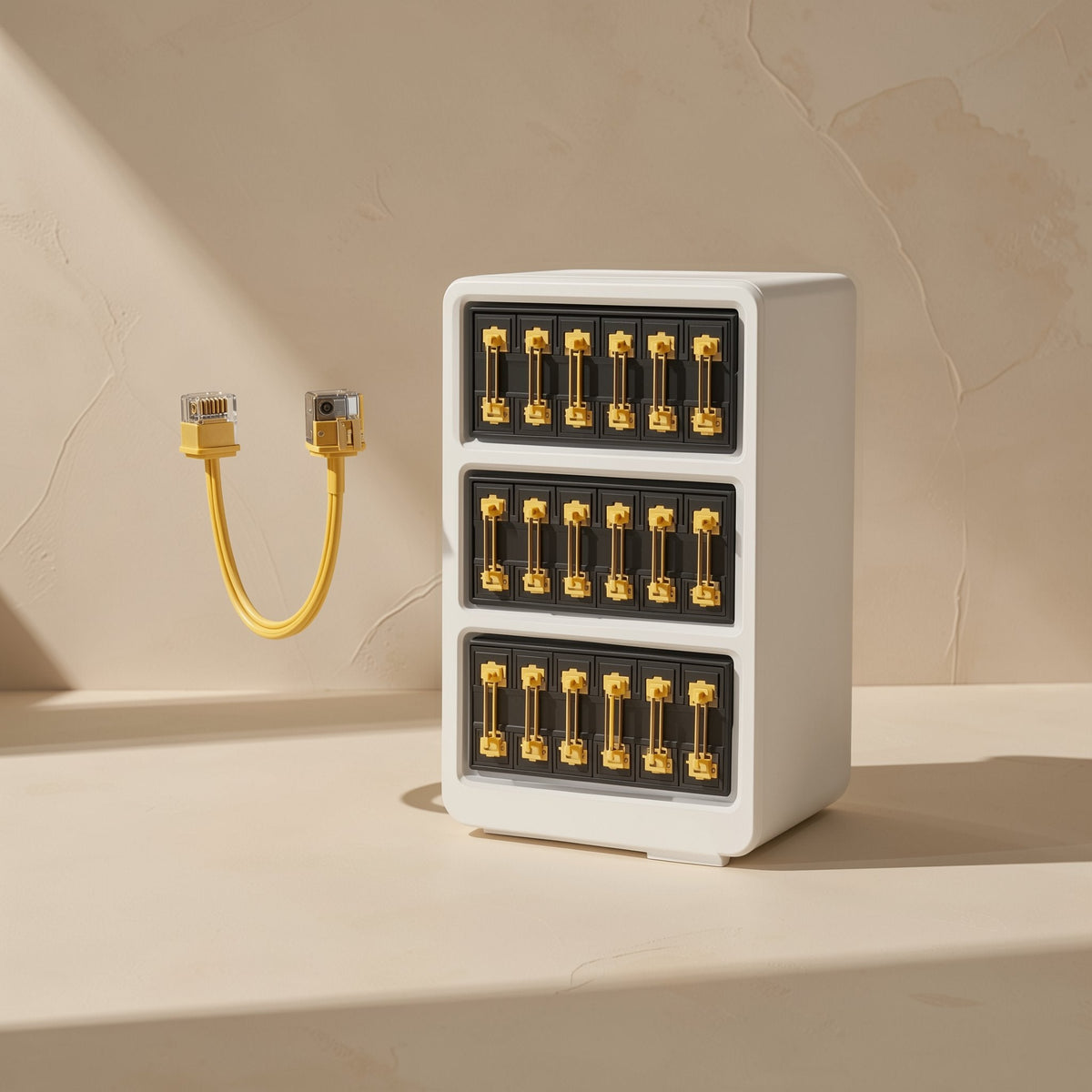 Copperpath – Yellow thin network cable beside a white cabinet with three rows of gold-plated connectors