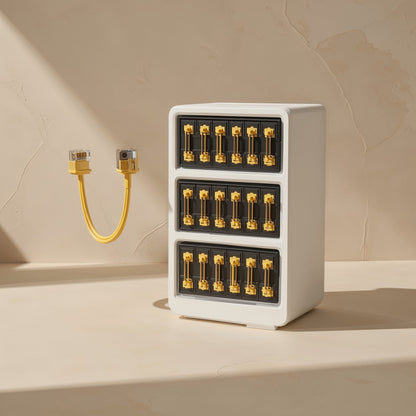 Copperpath – Yellow thin network cable beside a white cabinet with three rows of gold-plated connectors