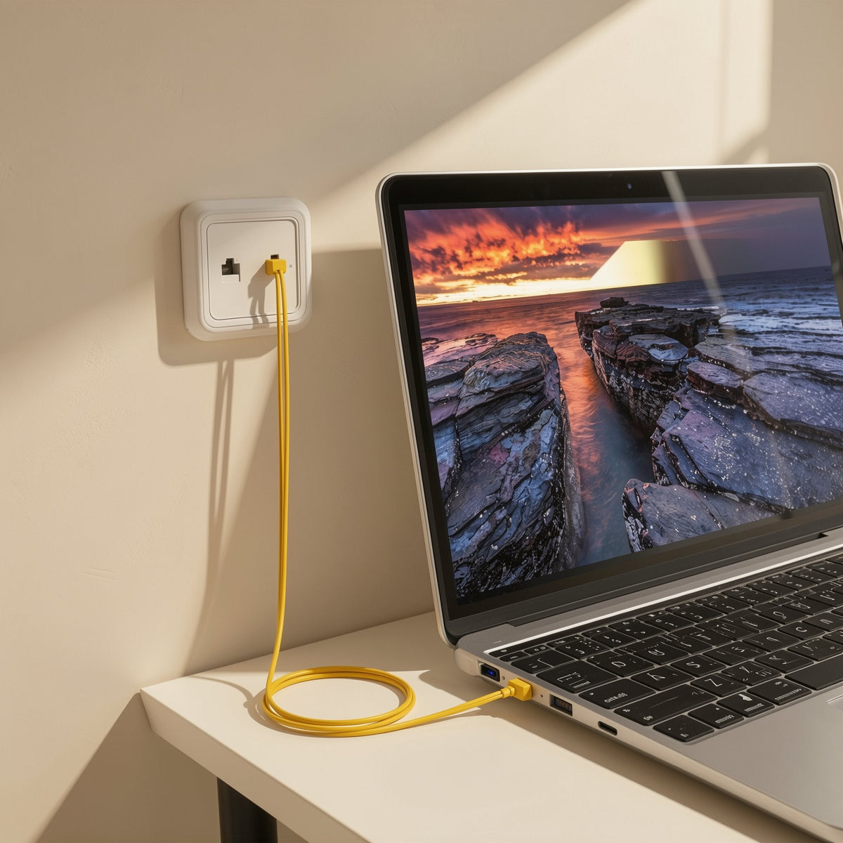 Copperpath – Yellow thin network cable running from a wall jack to a laptop on a desk