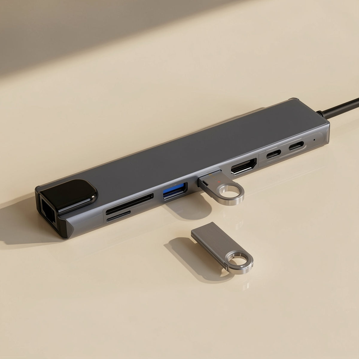 Docknest – Hub with a USB flash drive plugged into a USB-A port and a second drive resting beside it