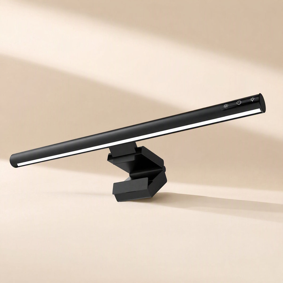 Alulight – Lamp bar angled upward with glowing light strip, three touch icons on the end and a folded clip base