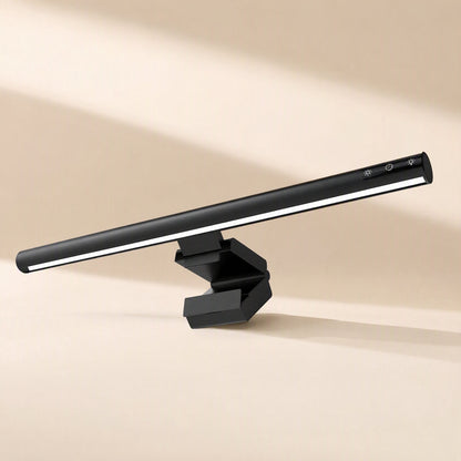 Alulight – Lamp bar angled upward with glowing light strip, three touch icons on the end and a folded clip base