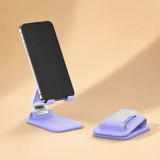 Screennest – Lavender phone holder holding a smartphone upright next to a second stand folded flat on a peach background