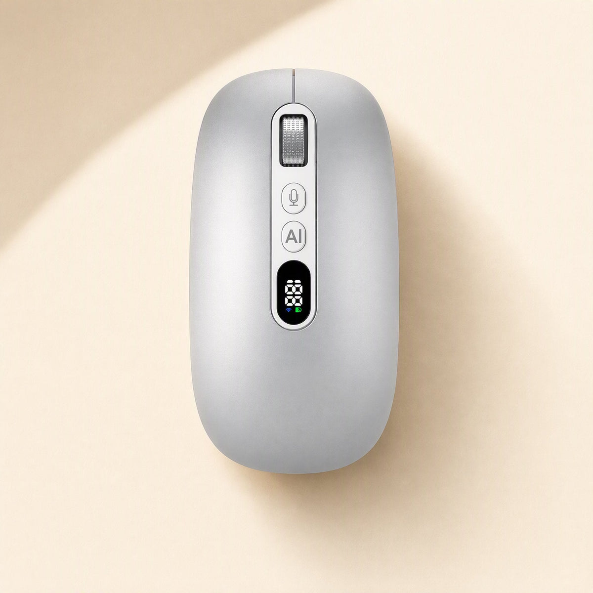 Speakclick Wireless Bluetooth Voice Mouse in silver, top view with mic button, AI button and digital display