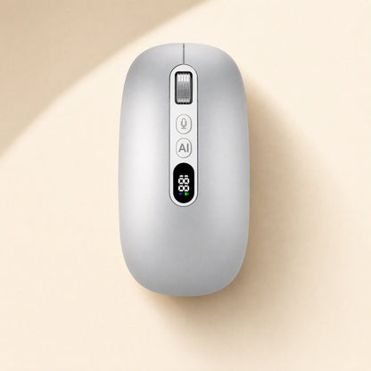 Speakclick Wireless Bluetooth Voice Mouse in silver, top view with mic button, AI button and digital display