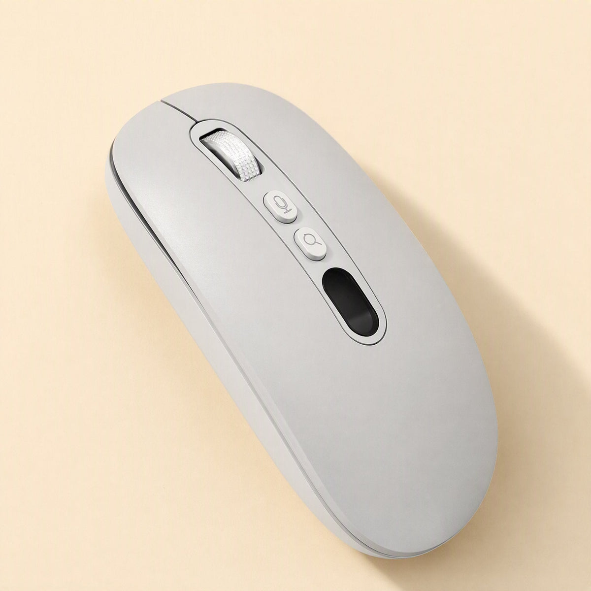 Speakclick – Close-up angled view of the pale grey mouse's scroll wheel, mic and search buttons and small display window