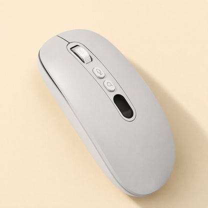 Speakclick – Close-up angled view of the pale grey mouse's scroll wheel, mic and search buttons and small display window