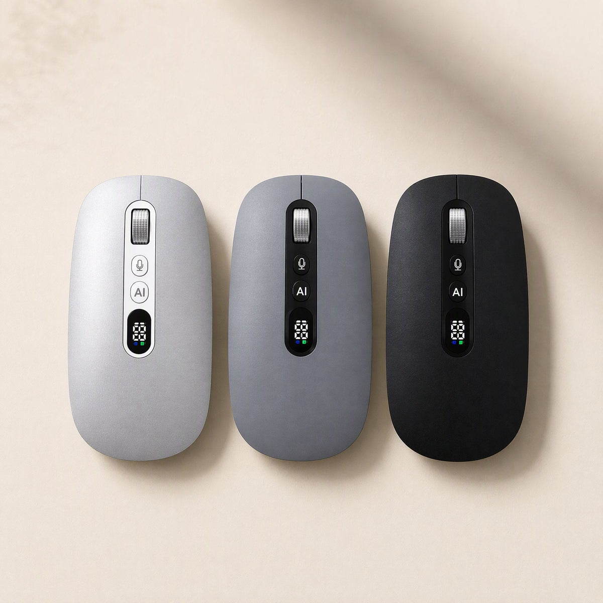 Speakclick – Three wireless mice in silver, slate grey and black lined up side by side, each with mic and AI buttons