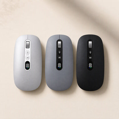 Speakclick – Three wireless mice in silver, slate grey and black lined up side by side, each with mic and AI buttons