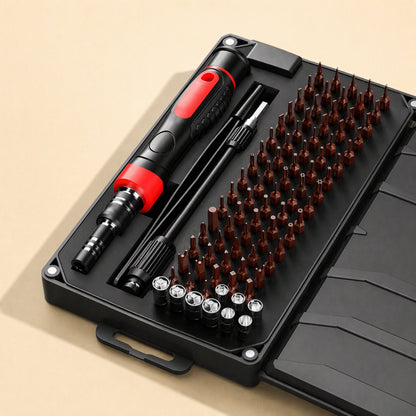Magnetwist Precision Screwdriver Set in black case with red handle, extension rod, sockets and rows of bits