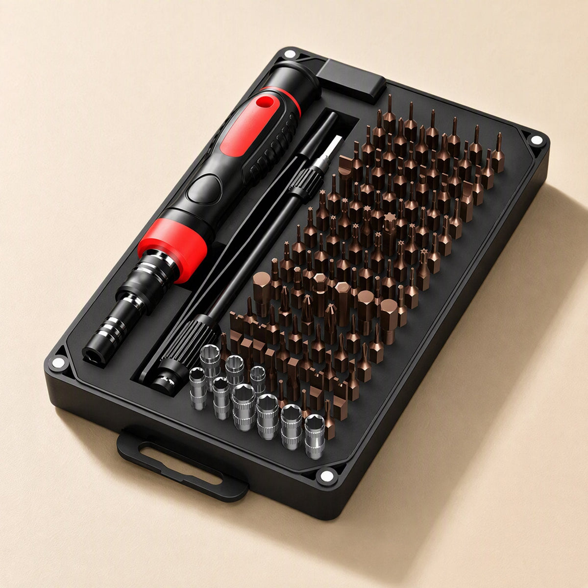 Magnetwist – Angled overhead view of the open case with screwdriver, extension rod, sockets and brown bits in tray