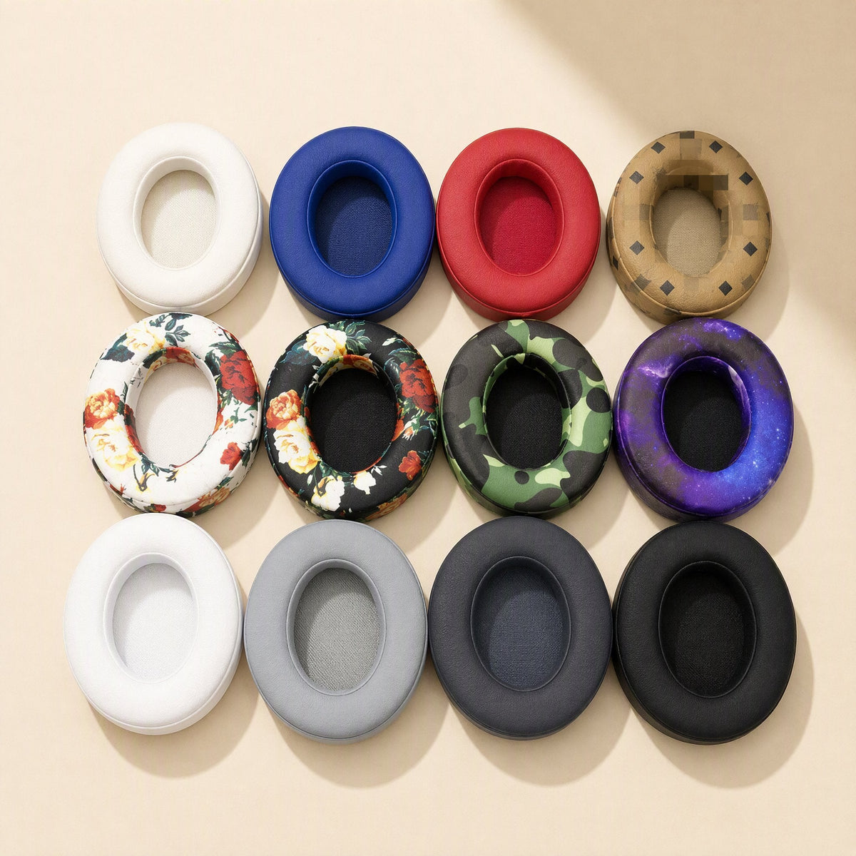 Leatherhug Headphone Covers in twelve colors and patterns, including floral, camo, galaxy and plain shades