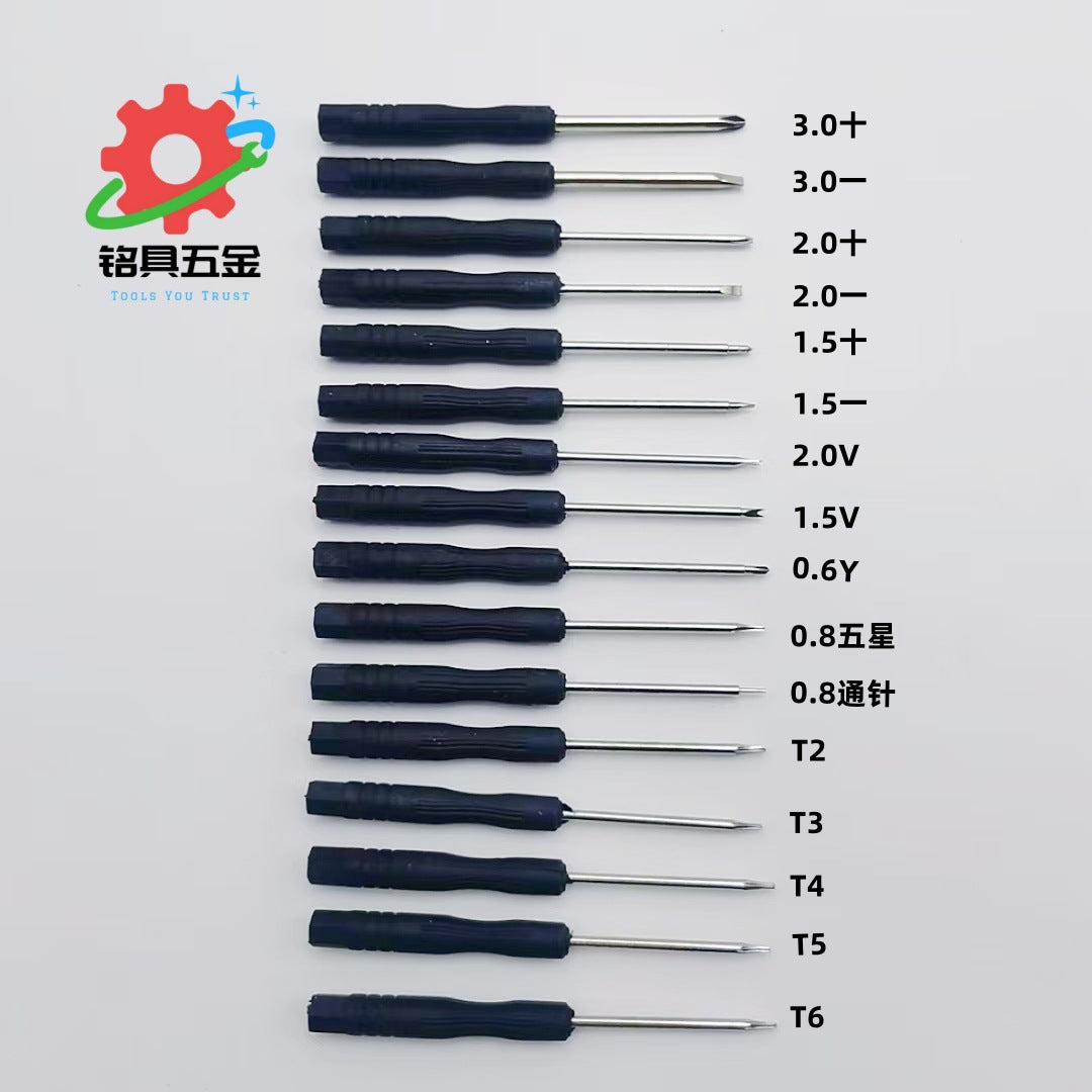 Precisor – Row of mini screwdrivers with blue handles and tip size labels from 3.0 to T6 on a white background