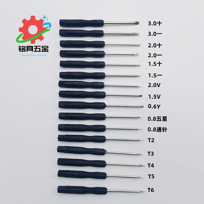Precisor – Row of mini screwdrivers with blue handles and tip size labels from 3.0 to T6 on a white background