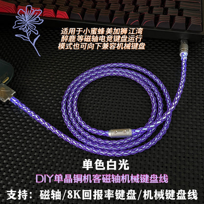 Braidlink USB-C braided keyboard charging cable in purple, coiled on a mesh mat beside a keyboard