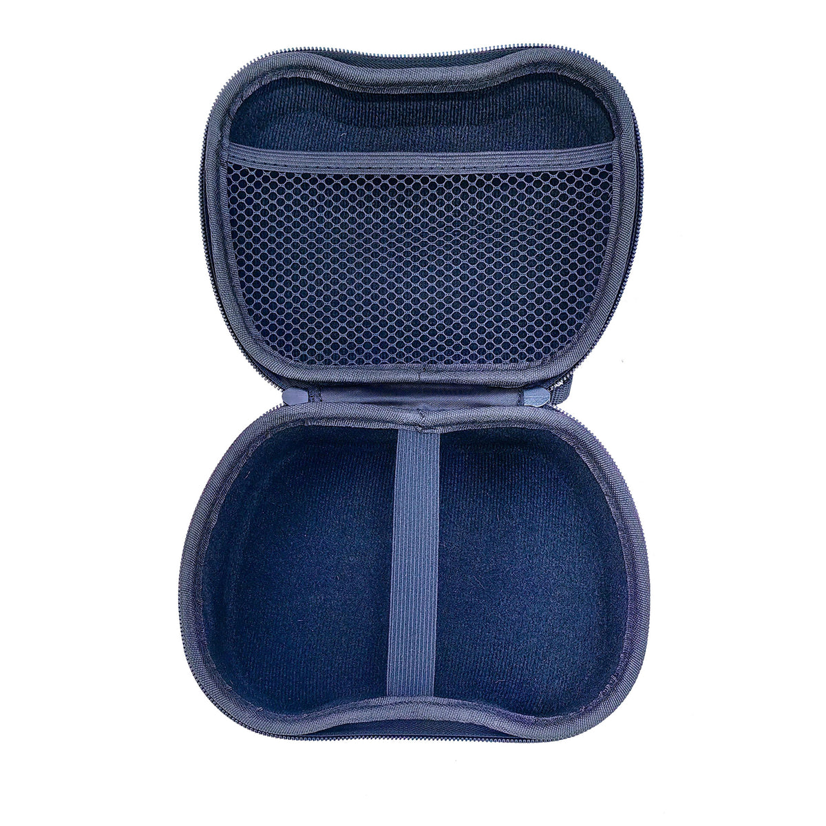 Padpack – Empty open game controller storage bag showing navy lining, center elastic strap and mesh lid pocket