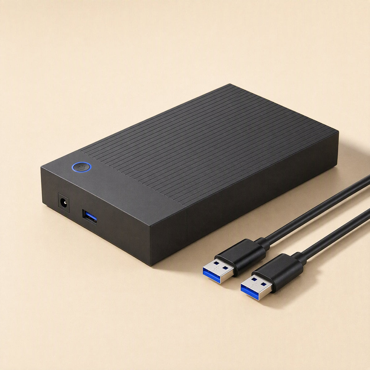 Portshield 3.5-Inch USB Hard Drive Enclosure in black with blue power button, USB port and two USB cables