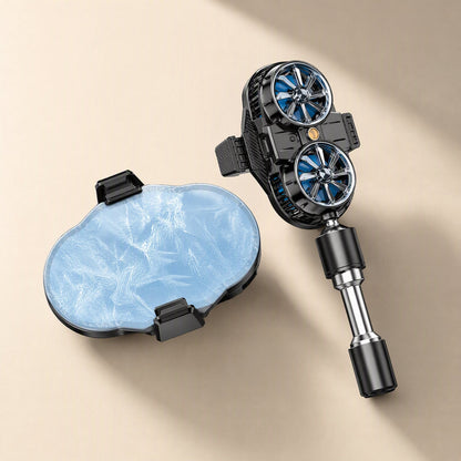 Coolcove ABS Mobile Phone Radiator with dual blue fans beside a frosty blue ice-pattern cooling plate