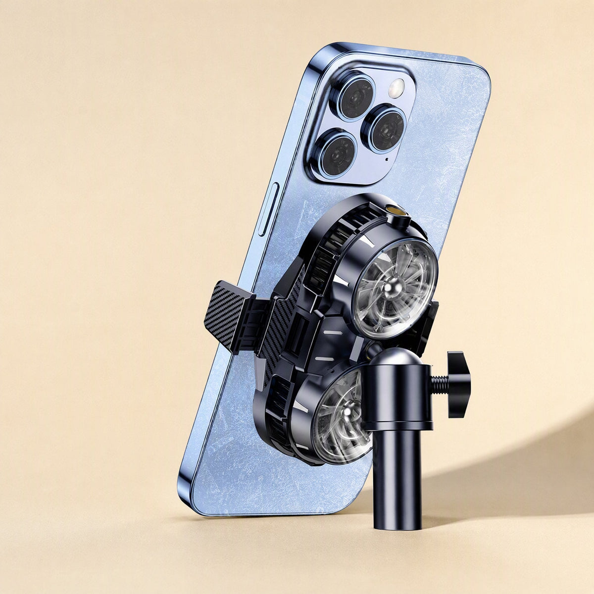 Coolcove – Dual-fan radiator clipped to the back of a blue phone, standing upright on a swivel arm mount