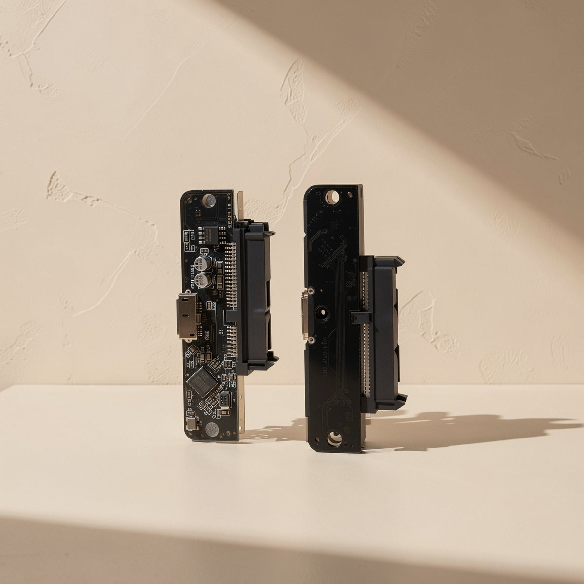 Diskden – Two circuit boards side by side showing the SATA connectors and USB port, removed from the enclosure
