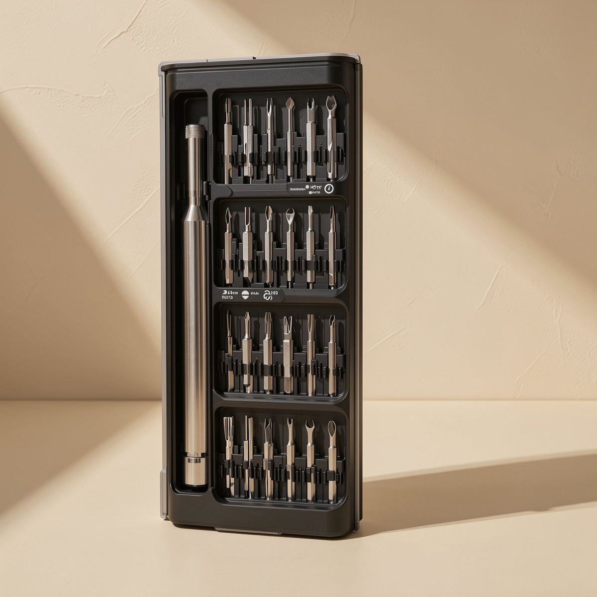 Phonebit – Upright open case showing four rows of bits in black slots, with the metal handle in the left channel