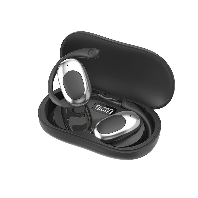 Earclip – Open black charging case with LED display holding silver-faced ear-hook earbuds, one raised, white background