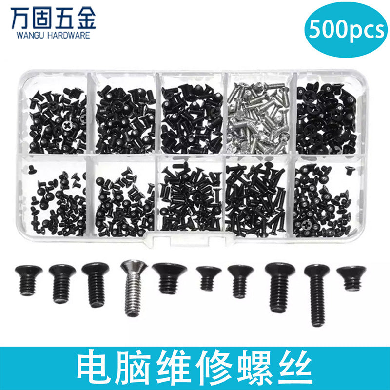 Fixgrove 500-piece notebook repair screw set in a ten-compartment clear box with ten screw types shown below