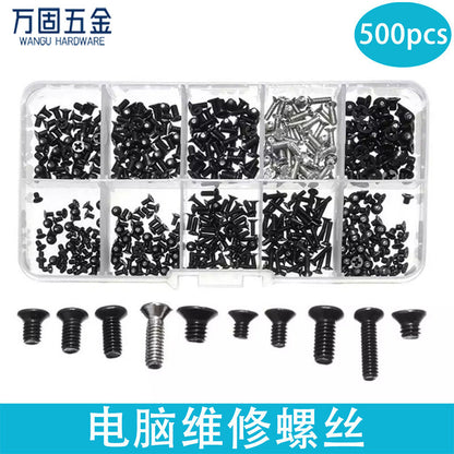 Fixgrove 500-piece notebook repair screw set in a ten-compartment clear box with ten screw types shown below