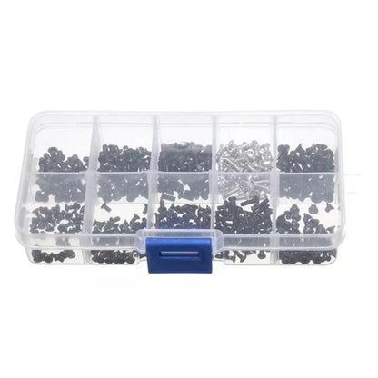 Fixgrove – Closed clear plastic organizer box with blue latch holding black and silver cross-head screws