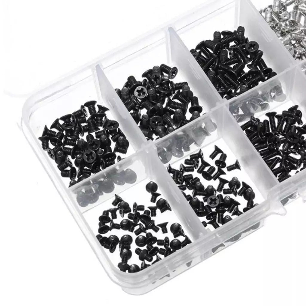 Fixgrove – Close-up of open organizer compartments filled with black flat-head Phillips screws and silver screws