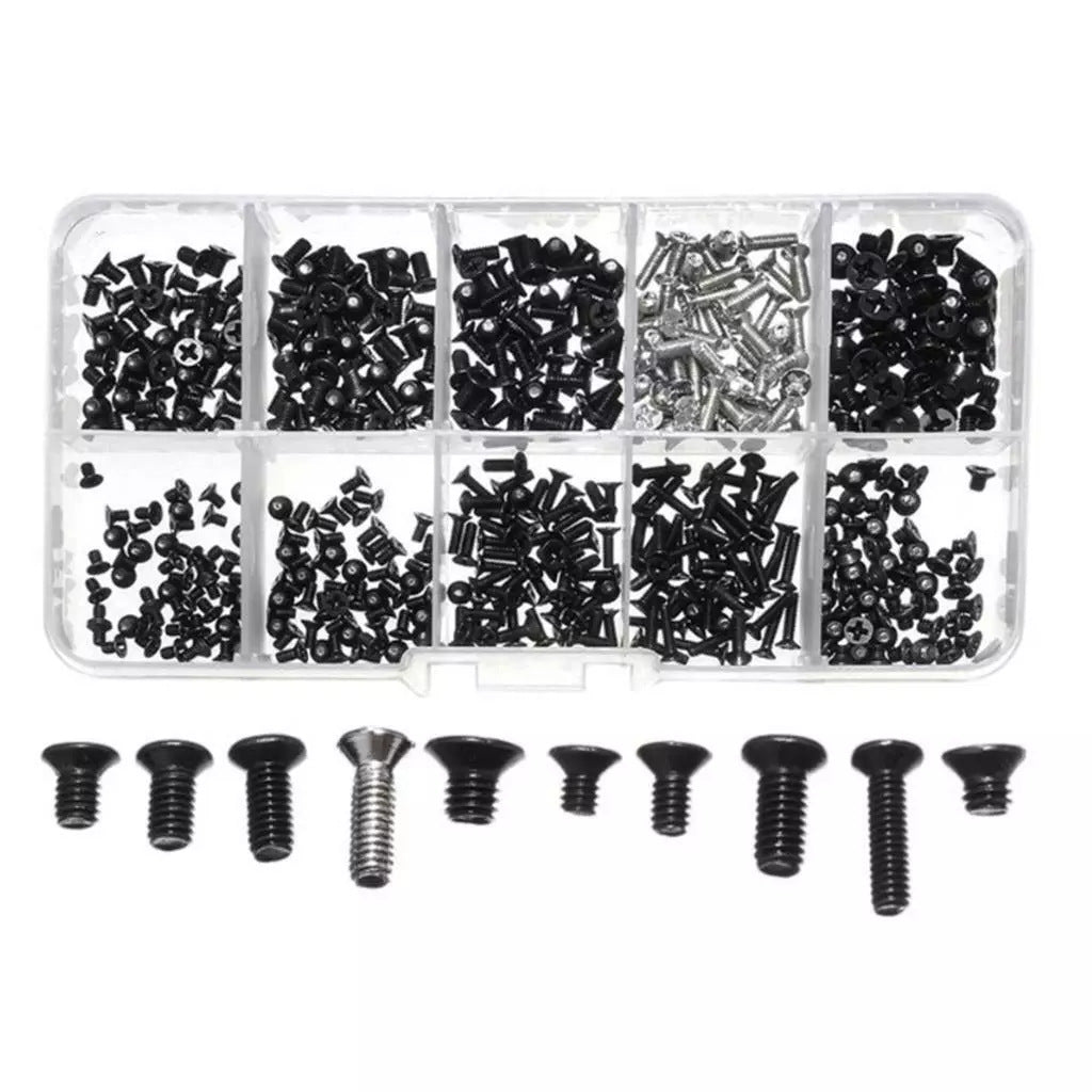 Fixgrove – Overhead view of the ten-compartment screw box above a row of ten different screw sizes and heads
