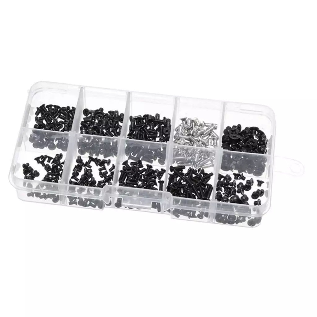 Fixgrove – Angled view of the clear screw organizer box with black and silver screws sorted in ten sections