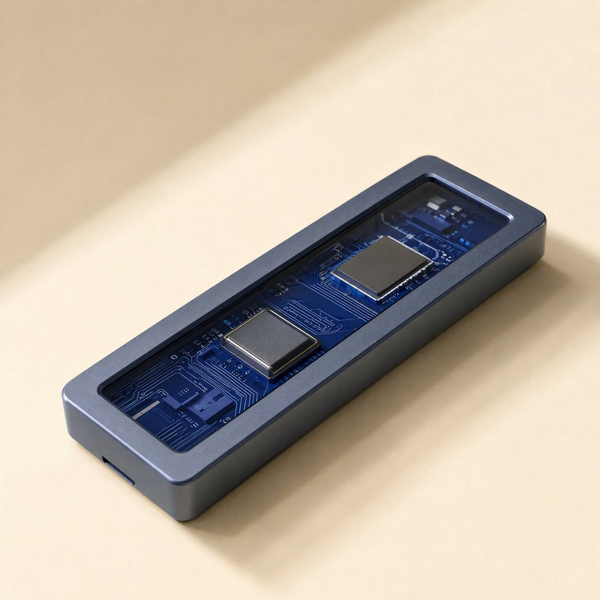 Glowvault – Open enclosure showing blue circuit board with two chips inside a gray frame